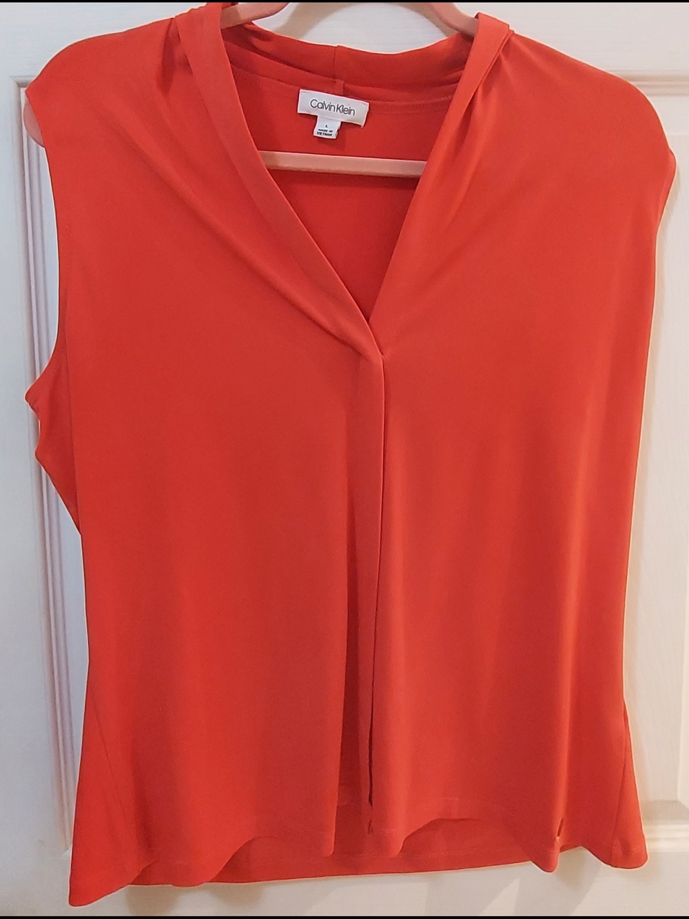 Calvin Klein Sleeveless V-Neck Blouse in Orange-Red